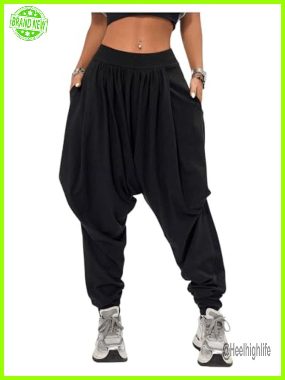 Baggy Harem Pants Elastic Waist Drop Crotch with Pockets